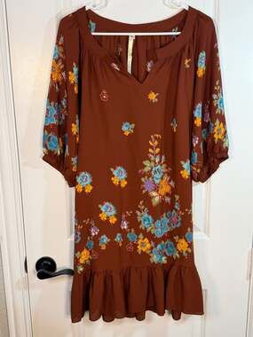 Uncle Frank Rust Floral Rayon Ruffle Hem Dress Size S
